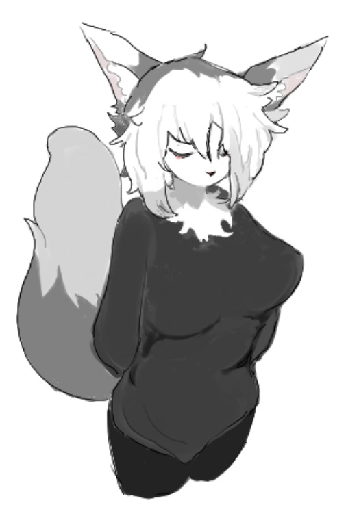 anthro black_and_white black_clothing breasts clothed clothing digital_media_(artwork) ena ena_(taracod) eyes_closed female fur grey_tail hair monochrome podo simple_background solo tail white_body white_hair