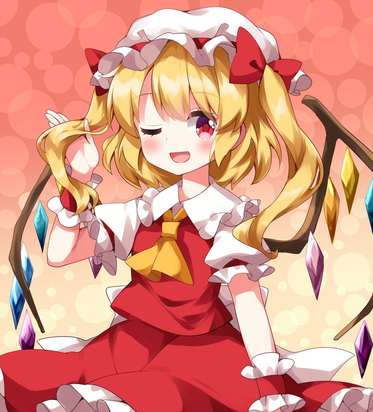 1girl ascot blonde_hair flandre_scarlet frilled_skirt frills gradient_background hat highres looking_at_viewer mob_cap one_eye_closed open_mouth puffy_short_sleeves puffy_sleeves red_eyes red_vest ruu_(tksymkw) short_sleeves skirt smile solo touhou twintails vest wings yellow_ascot