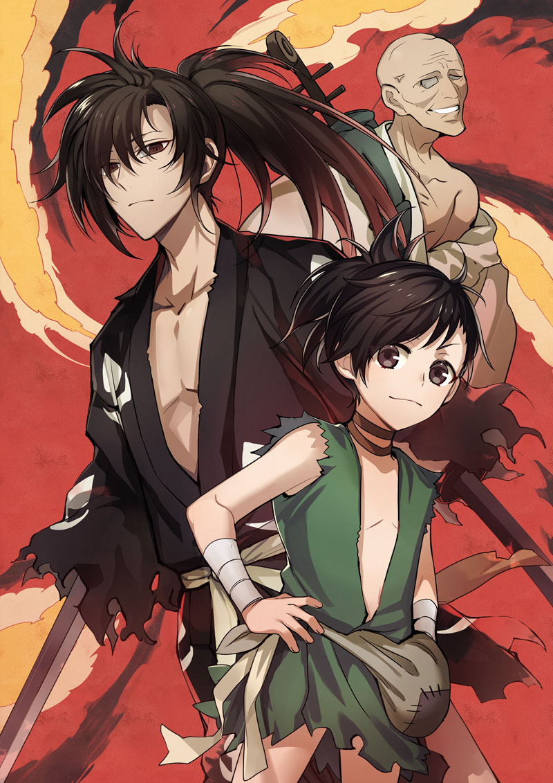 1girl 2boys amputee bald biwa_lute biwamaru black_hair black_kimono choker commentary_request dororo_(character) dororo_(tezuka) flat_chest guest_art hyakkimaru_(dororo) instrument japanese_clothes katana kimono long_hair looking_at_viewer lute_(instrument) multiple_boys nitaka_(fujikichi) ponytail short_hair smile sword weapon