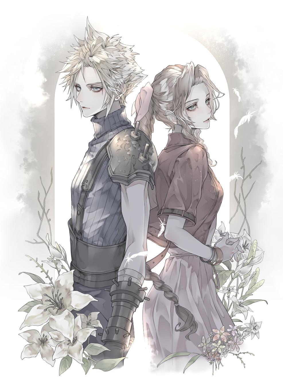 1boy 1girl aerith_gainsborough armor back-to-back bandaged_arm bandages bangle belt blonde_hair bracelet braid braided_ponytail breasts brown_belt brown_hair cloud_strife cropped_jacket dress earrings falling_feathers feathers final_fantasy final_fantasy_vii final_fantasy_vii_rebirth final_fantasy_vii_remake flower gloves hair_ribbon highres jacket jewelry lily_(flower) long_dress long_hair medium_breasts multiple_belts muted_color own_hands_together parted_bangs parted_lips pink_dress pink_ribbon red_jacket ribbon ryokuyuu short_hair short_sleeves shoulder_armor sidelocks single_braid single_earring single_shoulder_pad sleeveless sleeveless_turtleneck spiked_hair suspenders turtleneck wavy_hair yellow_flower