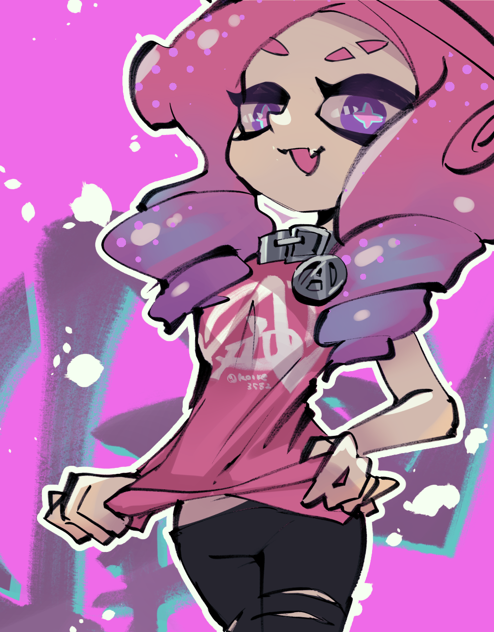 1girl :d clothes_pull cross-shaped_pupils eyebrow_cut fang highres koike3582 long_hair looking_at_viewer octoling octoling_girl octoling_player_character open_mouth outline pink_hair pink_pupils pink_shirt pulled_by_self purple_eyes shirt shirt_pull smile solo splatoon_(series) suction_cups symbol-shaped_pupils tentacle_hair twitter_username white_outline