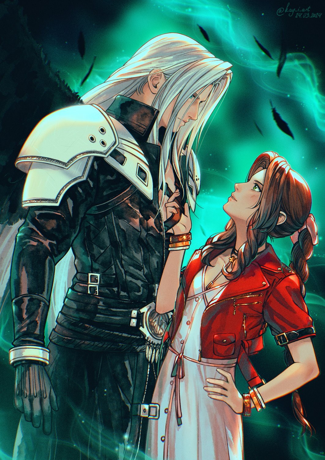 1boy 1girl aerith_gainsborough aqua_eyes armor assertive_female bangle belt belt_buckle black_belt black_coat black_feathers black_gloves black_wings blush bracelet braid braided_ponytail breasts brown_hair buckle chest_strap choker closed_mouth coat cropped_jacket dated dress falling_feathers feathered_wings feathers final_fantasy final_fantasy_vii final_fantasy_vii_rebirth final_fantasy_vii_remake flower_choker gloves green_eyes grey_hair hair_ribbon hand_on_own_hip hetero highres jacket jewelry kay-i lifestream long_bangs long_coat long_dress long_hair long_sleeves looking_at_another medium_breasts parted_bangs parted_lips pink_dress pink_ribbon red_jacket ribbon sephiroth short_sleeves shoulder_armor sidelocks single_braid single_wing twitter_username upper_body wavy_hair wings