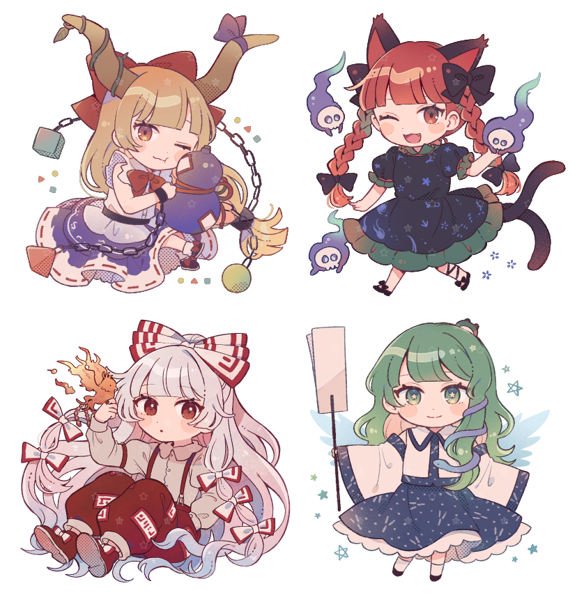 4girls :d :t animal_ears black_footwear blonde_hair blue_dress blue_skirt blunt_bangs bow cat_ears cat_tail closed_mouth colored_shoe_soles commentary_request detached_sleeves dress fire frilled_skirt frills fujiwara_no_mokou full_body gourd green_eyes green_hair hair_bow horns ibuki_suika juliet_sleeves kaenbyou_rin kochiya_sanae long_hair long_sleeves mozukuzu_(manukedori) multiple_girls ofuda ofuda_on_clothes orange_eyes pants puffy_short_sleeves puffy_sleeves purple_skirt red_bow red_eyes red_footwear red_hair red_pants shirt short_sleeves simple_background skirt smile suspenders tail touhou twintails very_long_hair white_background white_hair white_shirt