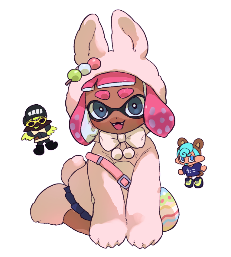 1girl 2boys :p aki_(gsl_9708) animal_costume bow bowtie commentary_request dango dark-skinned_female dark_skin dot_nose egg food grey_eyes ikki_(gsl_9708) inkling inkling_boy inkling_girl inkling_player_character korean_commentary looking_at_viewer medium_hair multiple_boys octoling octoling_boy octoling_player_character open_mouth pink_hair rabbit_costume short_eyebrows simple_background smile splatoon_(series) teeth tentacle_hair thick_eyebrows tongue tongue_out wagashi white_background white_bow white_bowtie