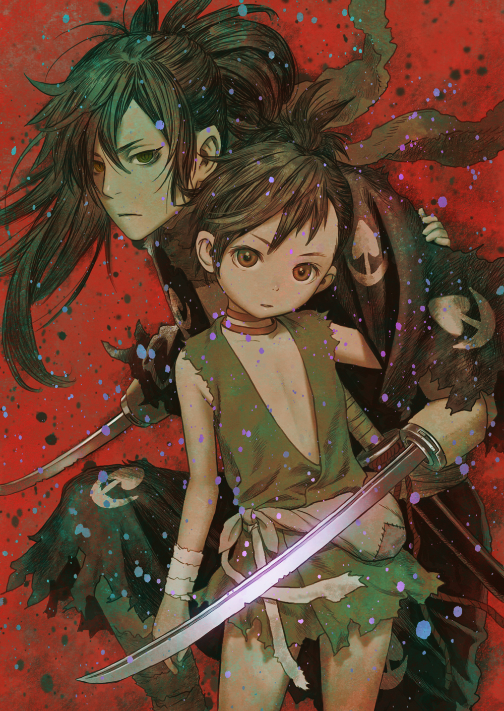 1boy 1girl amputee black_eyes black_hair brown_eyes choker commentary_request dororo_(character) dororo_(tezuka) expressionless flat_chest guest_art highres hyakkimaru_(dororo) japanese_clothes kimono long_hair looking_at_viewer murata_range prosthesis prosthetic_weapon red_background short_hair