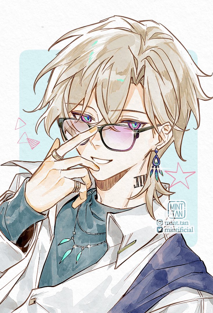 1boy alternate_costume aventurine_(honkai:_star_rail) blonde_hair earrings hair_between_eyes honkai:_star_rail honkai_(series) jewelry looking_at_viewer male_focus mint-tan multicolored_eyes neck_tattoo necklace ring short_hair smile solo tattoo tinted_eyewear two-tone_eyes