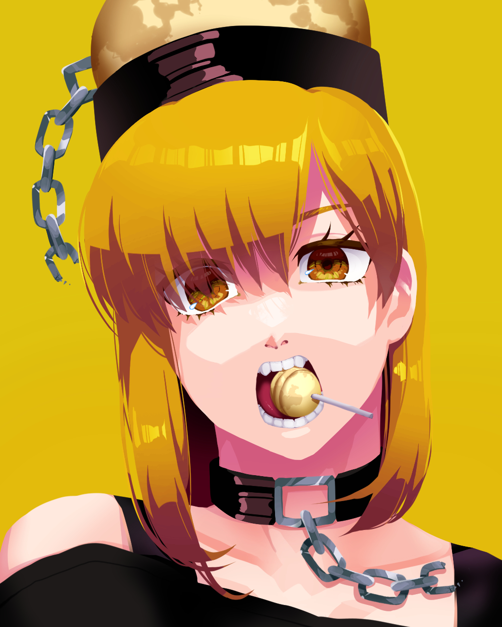 1girl bare_shoulders black_shirt blonde_hair broken broken_chain candy chain collar commentary_request eyelashes eyes_visible_through_hair food hair_behind_ear hair_between_eyes head_tilt hecatia_lapislazuli hecatia_lapislazuli_(moon) highres lollipop long_hair looking_at_viewer medium_bangs mixed-language_commentary mouth_hold nostrils off-shoulder_shirt off_shoulder open_mouth portrait shirt silver_chain simple_background solo straight-on takayo_(user_yeah3737) teeth tongue touhou uneven_eyes yellow_background yellow_eyes