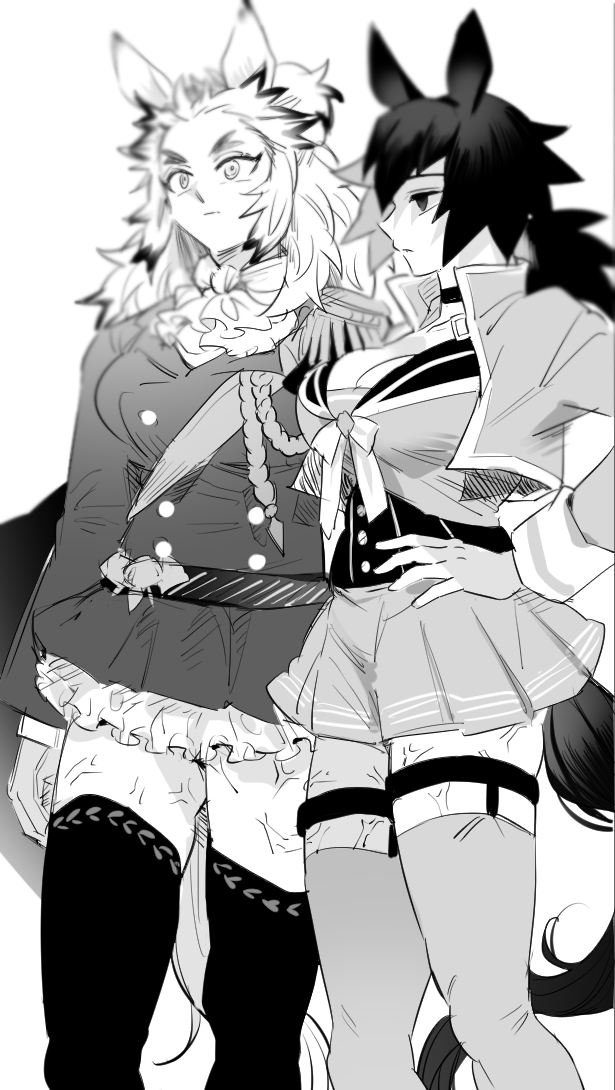 2girls aiguillette animal_ears arm_at_side ascot bangs bow bowtie breasts buttons choker cleavage colored_tips cosplay_request cropped_jacket double-breasted epaulettes feet_out_of_frame forked_eyebrows genderswap genderswap_(mtf) greyscale half_updo hand_on_hip horse_ears horse_girl horse_tail kimetsu_no_yaiba large_breasts legwear_garter long_hair long_sleeves looking_away miniskirt monochrome multicolored_hair multiple_girls pleated_skirt ponytail profile rengoku_kyoujurou school_uniform serafuku side-by-side simple_background skirt standing streaked_hair tail thick_thighs thighs tomioka_giyuu umamusume underbust veins yeobojagiaegi zettai_ryouiki