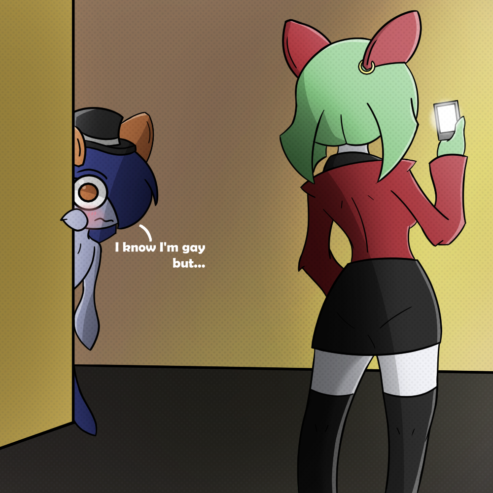 2022 blue_hair blush bottomwear clothing dialogue duo ear_piercing ear_ring english_text fedora female green_hair hair hair_over_eye hat headgear headwear humanoid karma_(renaspyro) kirlia legwear looking_at_cellphone looking_at_object looking_at_phone maki_(malegardevoir) male malegardevoir miniskirt nintendo not_furry one_eye_obstructed orange_eyes piercing pok&eacute;mon pok&eacute;mon_(species) rear_view ring_piercing shiny_pok&eacute;mon short_hair simple_background skirt text thigh_highs video_games