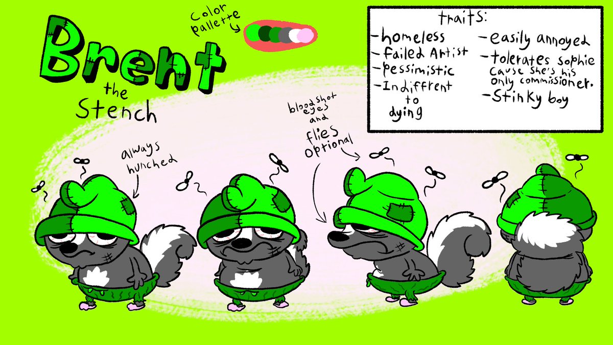 anthro beanie bloodshot_eyes brent_(doobus_goobus) cleft_chin clothing depression doobus_goobus eye_bags flies_for_smell frown fur grey_body grey_fur hat headgear headwear homeless hunched_over male mammal mephitid model_sheet pajama_pants patchwork_clothing shirtless_male skunk slippers smelly solo