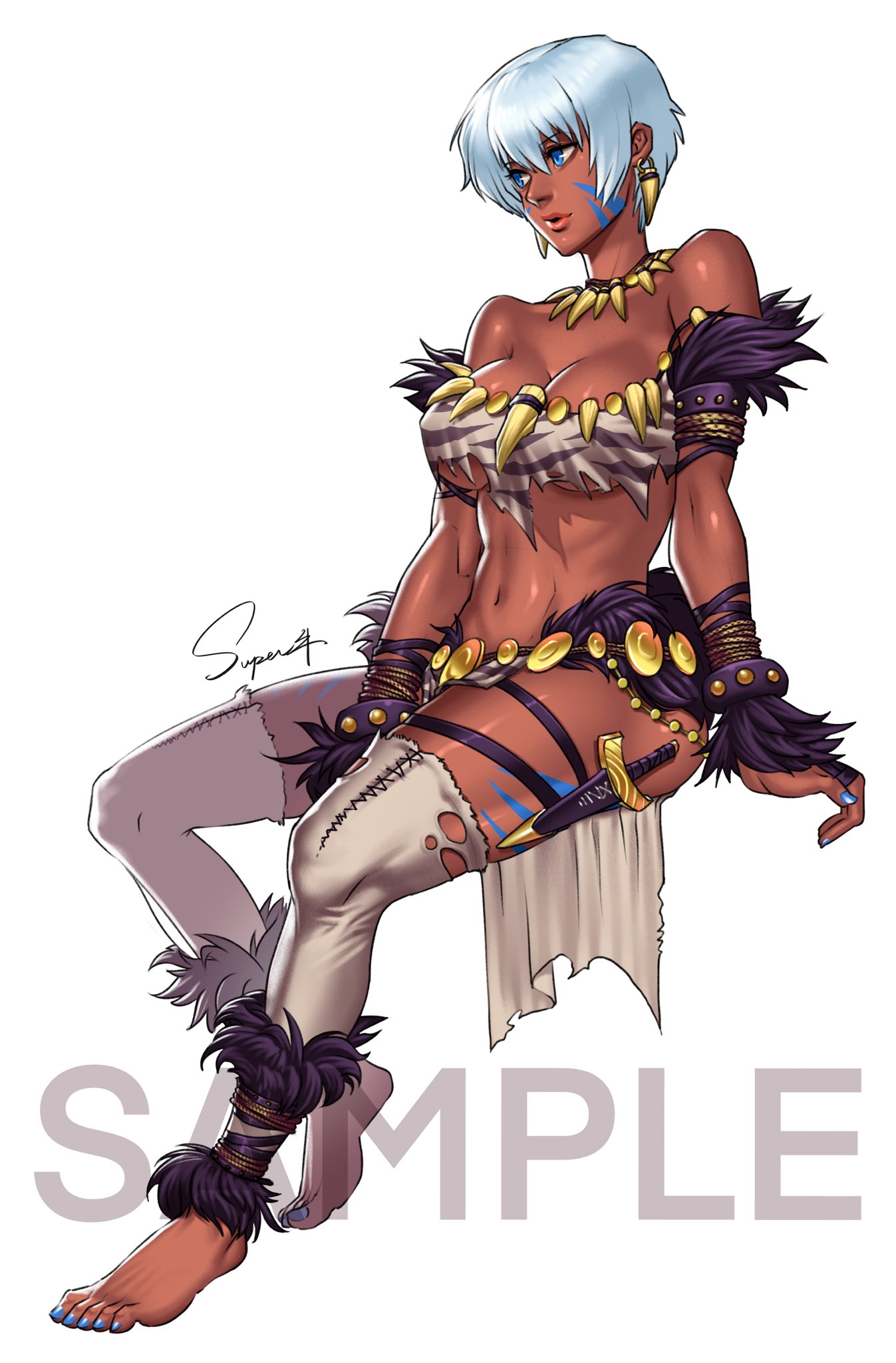 1girl anklet barefoot blue_eyes blue_nails breasts chain cleavage commission dagger dark-skinned_female dark_skin detached_leggings elena_(street_fighter) english_commentary fingernails full_body fur_trim gold_chain grey_hair highres holster invisible_chair jewelry knife large_breasts linea_alba lips looking_to_the_side nail_polish navel necklace nose official_alternate_costume over-kneehighs sample_watermark short_hair signature sitting solo street_fighter street_fighter_iv_(series) studded_armlet studded_bracelet superbull164164 thick_thighs thigh_holster thigh_strap thighhighs thighs toenails tooth_earrings tooth_necklace tribal underboob very_dark_skin weapon
