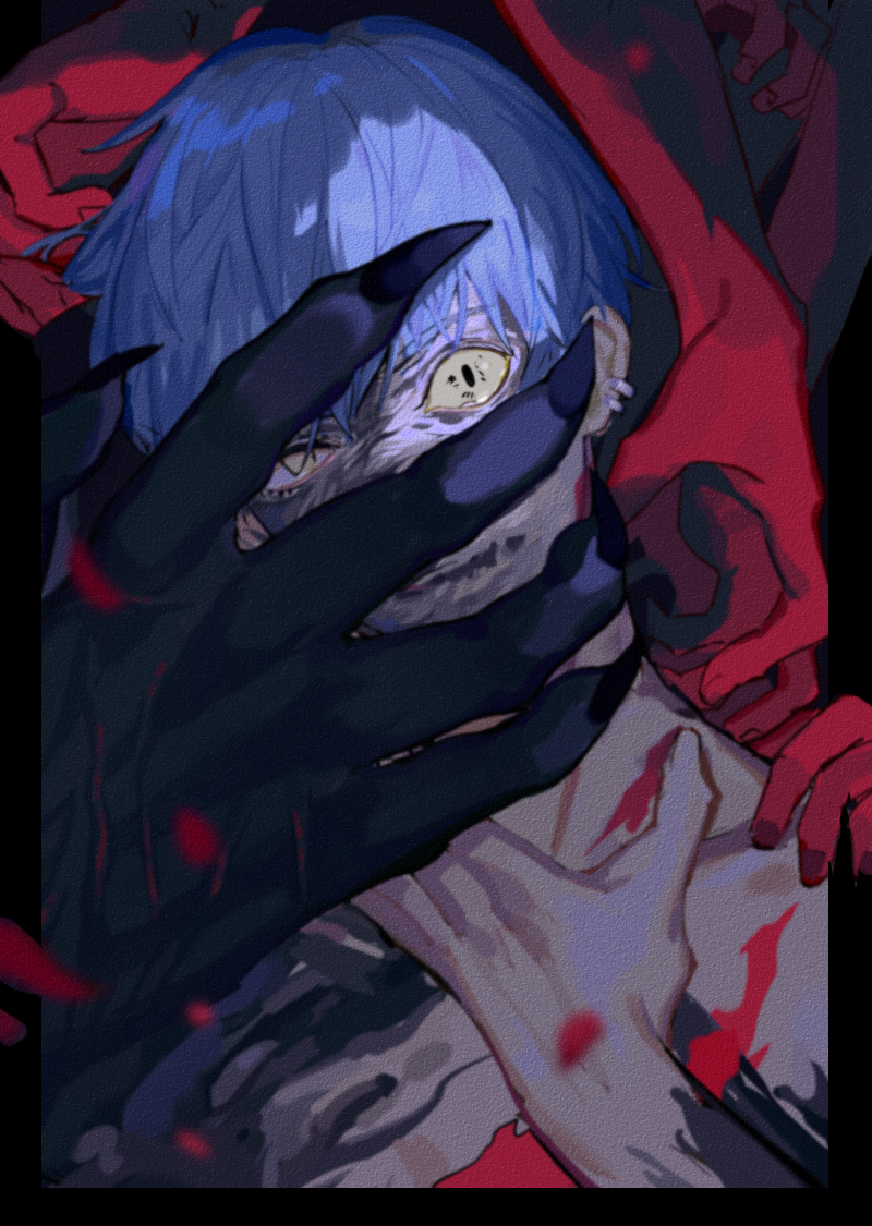 bangs black_skin blood blood_on_hands blue_hair colored_sclera colored_skin covering_face cuts earrings ecrsin fingernails hand_on_another's_shoulder hand_up head_tilt injury jewelry long_fingernails looking_at_viewer male_focus mismatched_sclera motion_blur one-punch_man outside_border parted_lips peeking_through_fingers petals portrait red_nails red_skin sharp_fingernails sharp_teeth short_hair solo_focus spoilers sweet_mask teeth wrinkled_skin yellow_eyes yellow_sclera