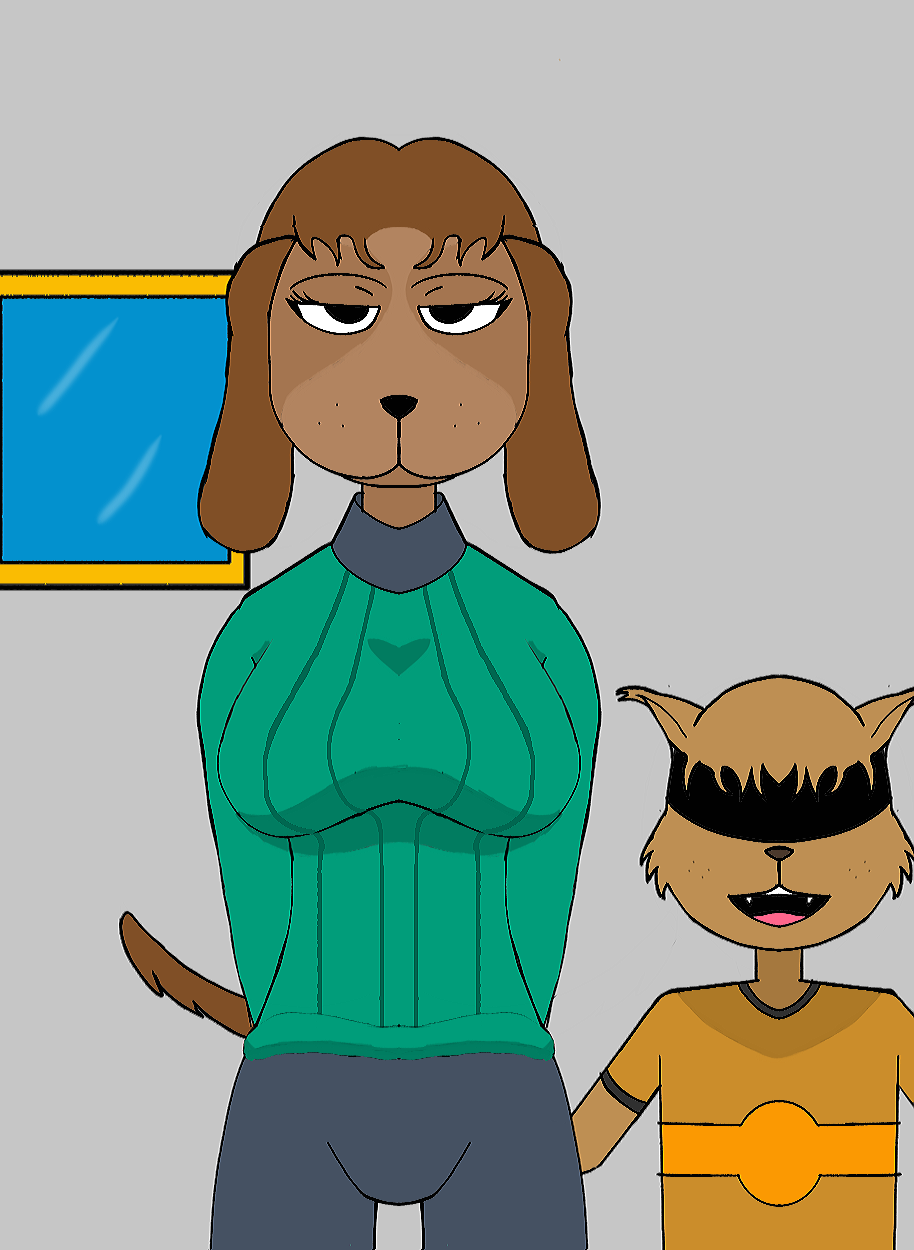 age_difference anthro anuvisur_(artist) big_breasts big_butt borwn_hair breasts butt canid canine canis clothed clothing domestic_dog duo faceless_character faceless_male felid feline female fur hair hi_res huge_breasts lynx male male/female mammal mature_female open_mouth simple_background size_difference smaller_male smile thick_thighs topwear wide_hips young younger_male