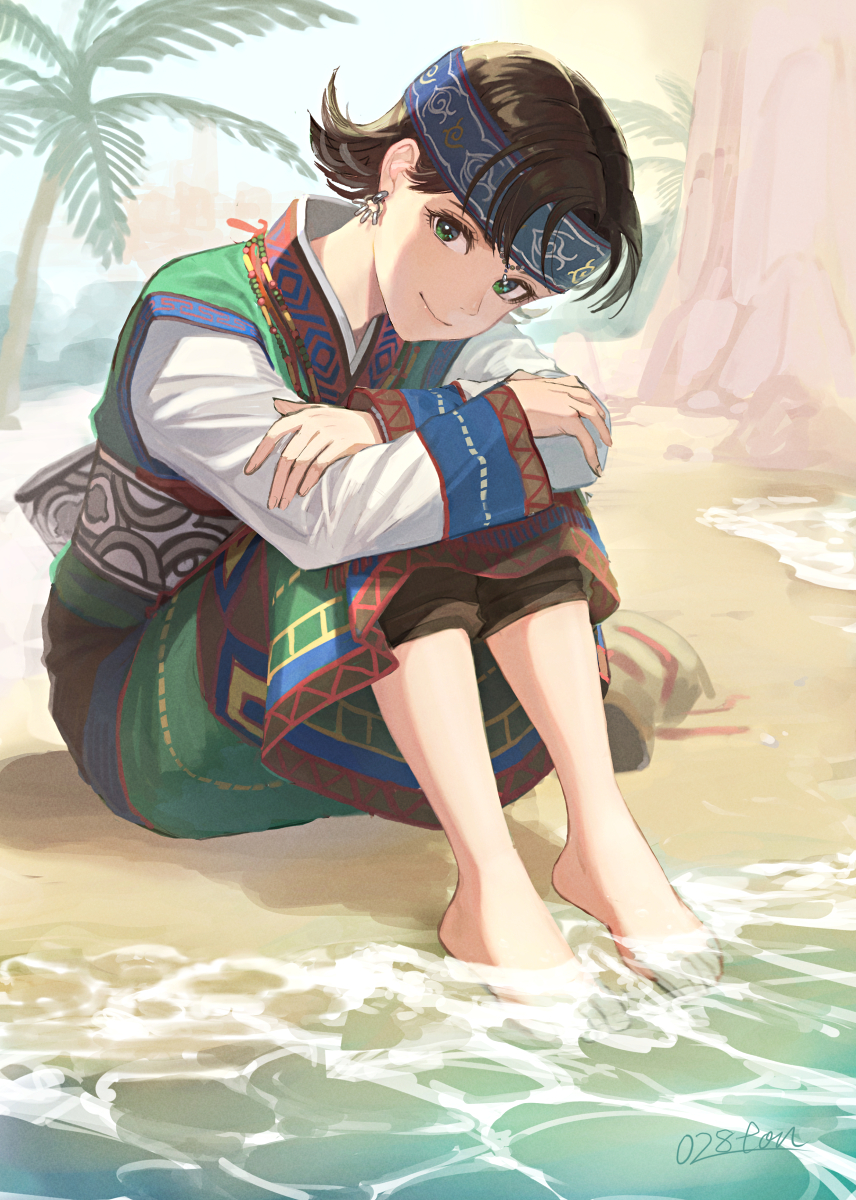 1girl ainu_clothes barefoot beach black_hair crossed_arms day earrings green_eyes headband highres jewelry knees_up otton outdoors palm_tree short_hair sitting smile solo tree valkyrie_profile water yumei_(valkyrie_profile)