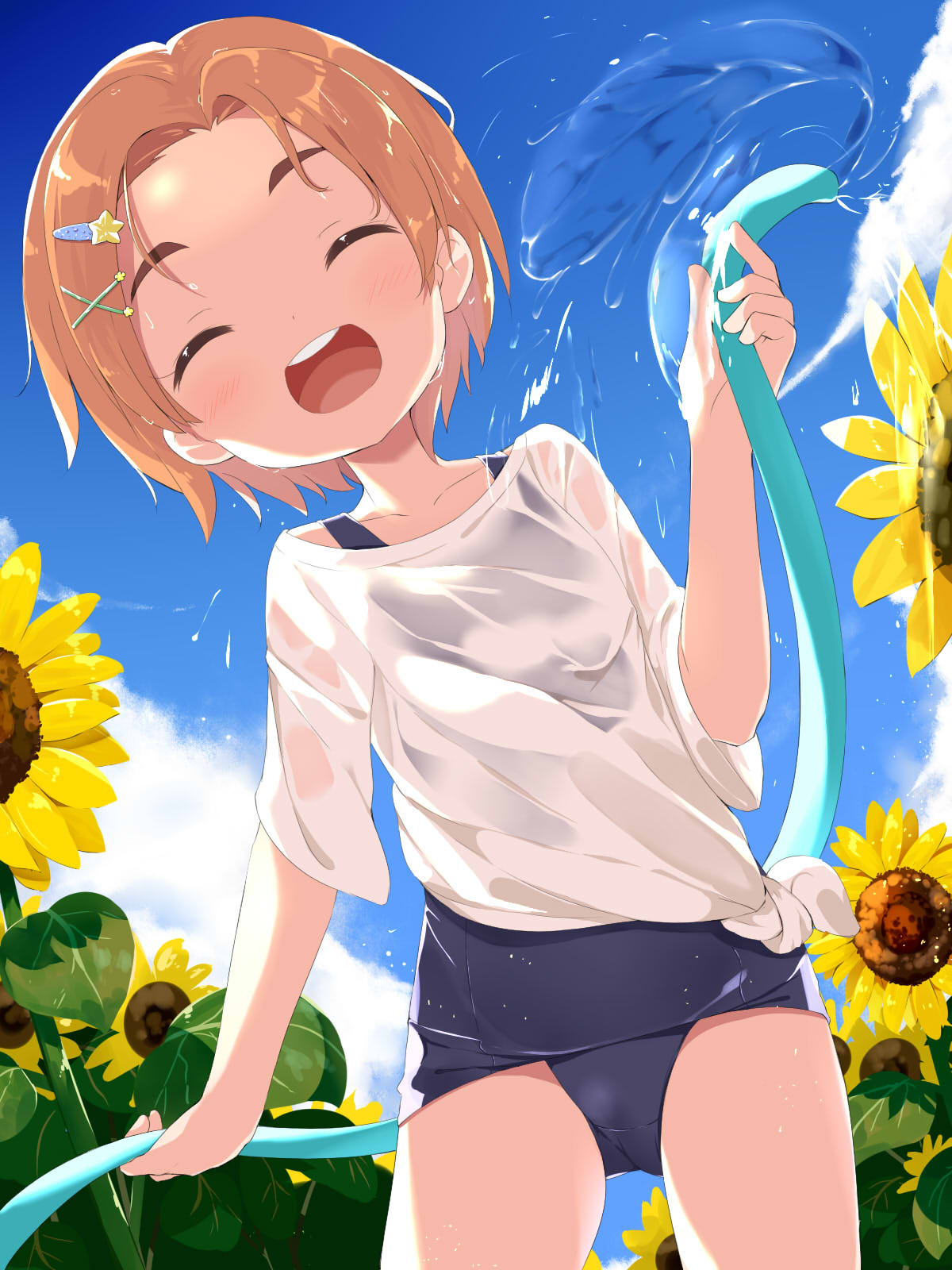 1girl :d ^_^ bangs black_swimsuit blue_sky blush breasts brown_hair closed_eyes cloud commentary_request day facing_viewer flower forehead hair_ornament hairclip hand_up highres holding hose idolmaster idolmaster_cinderella_girls leaning_to_the_side makuran old_school_swimsuit one-piece_swimsuit outdoors parted_bangs ryuzaki_kaoru school_swimsuit see-through shirt short_sleeves sky small_breasts smile solo standing star_(symbol) star_hair_ornament sunflower swimsuit swimsuit_under_clothes teeth thick_eyebrows upper_teeth water wet wet_clothes wet_shirt white_shirt x_hair_ornament yellow_flower
