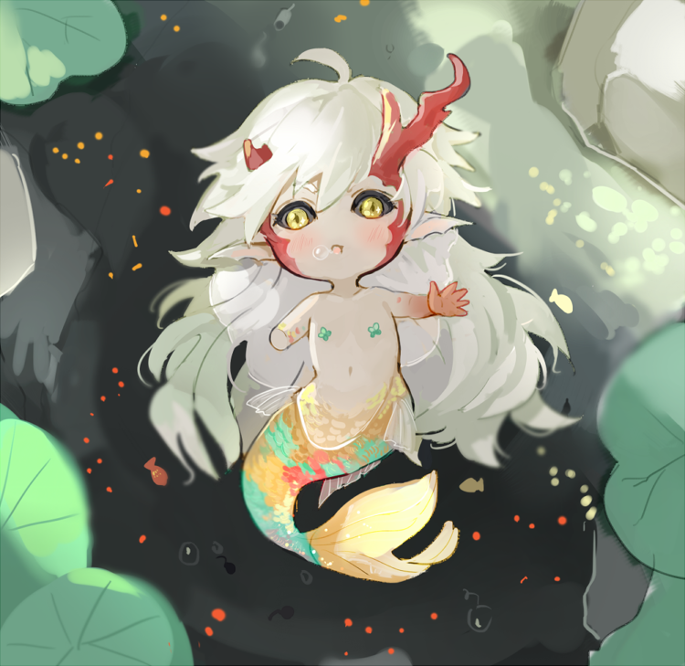 1boy afloat ahoge air_bubble amputee antlers bangs black_sclera blush broken_antler bubble chibi colored_sclera colored_skin day ecrsin facial_mark fins fish ibaraki_douji_(onmyoji) lily_pad long_hair looking_at_viewer male_focus merman monster_boy multicolored_skin nature navel nude onmyoji open_mouth partially_submerged pasties pointy_ears pond reaching red_skin scales solo very_long_hair water white_hair yellow_eyes