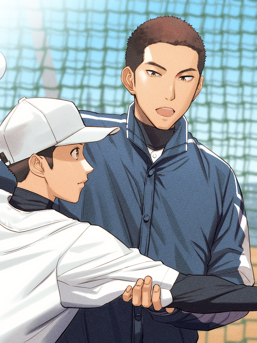 2boys ball baseball baseball_cap baseball_uniform coach day hat highres holding holding_another's_arm holding_ball jacket male_focus multiple_boys original outdoors pitching playing_sports short_hair sportswear teacher_and_student tettabuzz track_jacket very_short_hair