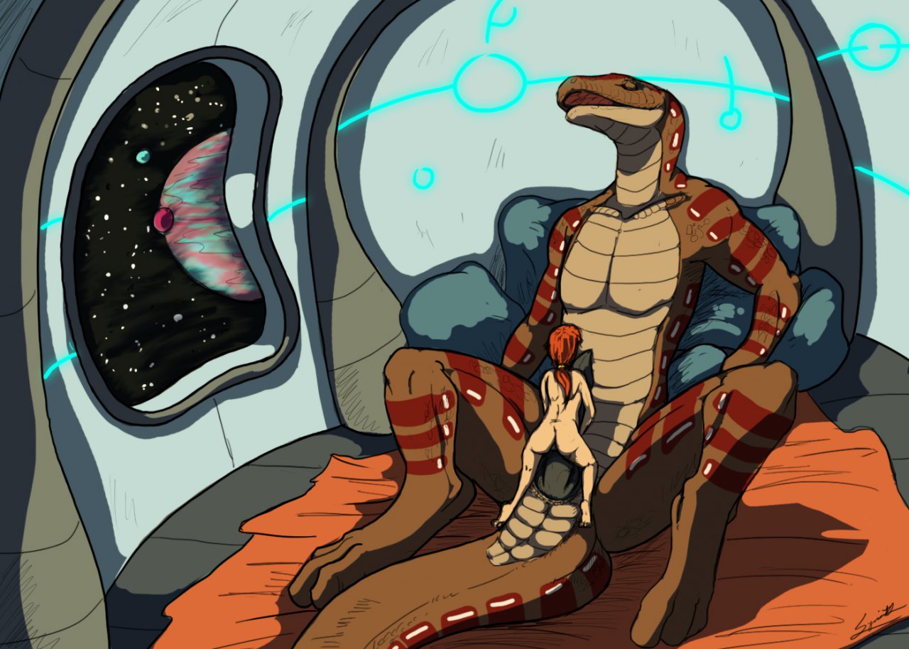 anthro black_penis bodyjob brown_body brown_scales detailed_background duo erection female genitals human human_on_anthro inside interspecies looking_pleasured male male/female mammal penis planet scales scalie sex size_difference smaller_female smaller_human space spread_legs spreading syrinoth tesrass