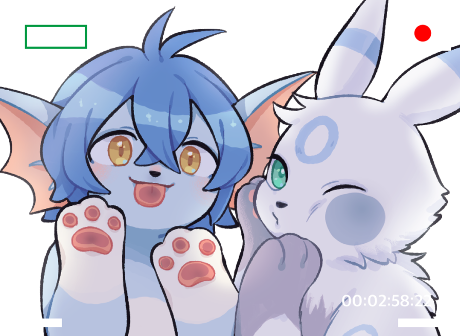 3_fingers amber_eyes ambiguous_gender battery_life black_nose blue_body blue_fur blue_hair blue_skin duo eeveelution feral fingers fur green_eyes grey_body grey_fur hair half-closed_eyes half-length_portrait kappanuki looking_at_viewer narrowed_eyes nintendo number pawpads paws pok&eacute;mon pok&eacute;mon_(species) portrait ruka_vaporeon tongue tongue_out umbreon vaporeon video_games video_recording white_body white_fur