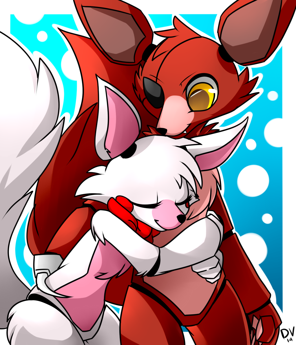 2014 abstract_background animatronic anthro black_nose blue_background blush blush_stickers bow_tie canid canine cuddling cute_fangs dated devil-vox dotted_background duo embrace eye_patch eyes_closed eyewear fangs female five_nights_at_freddy's five_nights_at_freddy's_2 fox foxy_(fnaf) funtime_foxy_(fnaf) fur hook hook_hand hug machine male male/female mammal mangle_(fnaf) monotone_tail nude pattern_background pink_body pink_ears pirate raised_tail red_body red_bow_tie red_ears red_tail robot romantic romantic_couple scottgames signature simple_background video_games white_body white_ears white_tail yellow_eyes