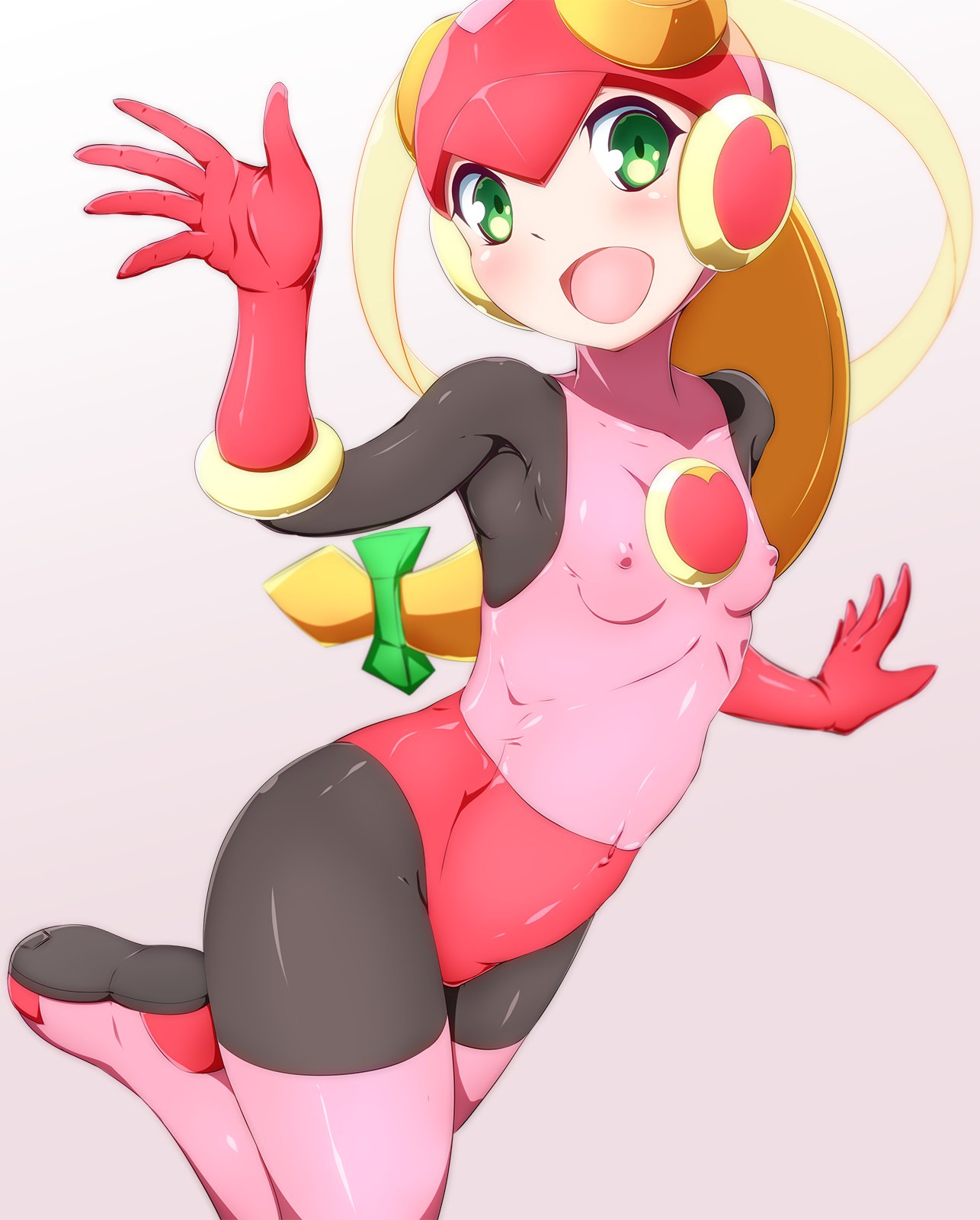 1girl blonde_hair bodysuit boots breasts commentary covered_navel covered_nipples danpu gloves green_eyes heart helmet highres long_hair looking_at_viewer mega_man_(series) mega_man_battle_network netnavi nipples open_mouth pink_bodysuit pink_footwear pink_gloves ponytail roll.exe_(mega_man) skin_tight small_breasts tongue waving