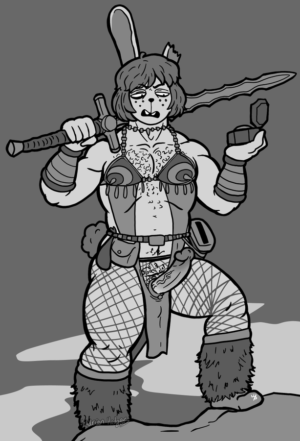 anthro armor belt body_hair boots bottomwear chest_hair clothing dale_(ponehanon) digital_drawing_(artwork) digital_media_(artwork) erection fantasy fishnet fishnet_clothing fishnet_legwear footwear freckles genitals greyscale hair lagomorph leggings legwear leporid loincloth longsword male mammal melee_weapon missing_ear monochrome navel notched_ear penis pose pouch_(disambiguation) rabbit scut_tail shaggy_hair short_tail signature solo standing sword teeth vein veiny_penis warrior weapon wittless-pilgrim