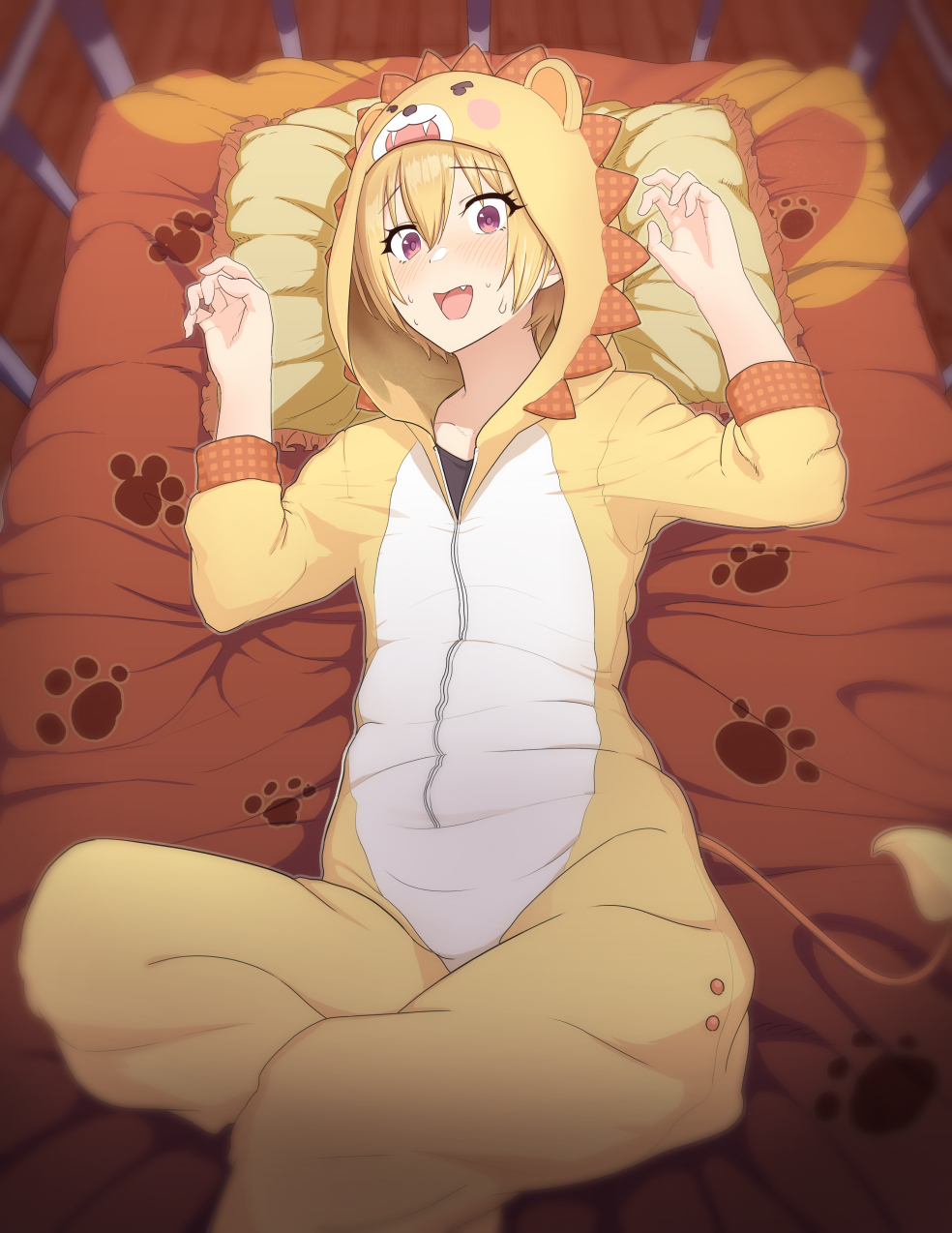 1girl animal_costume blonde_hair blush crib embarrassed fang highres idolmaster idolmaster_shiny_colors kozuka_yasushi lion_costume lion_tail lying on_back onesie pajamas paw_pose paw_print purple_eyes saijo_juri short_hair solo sweat tail