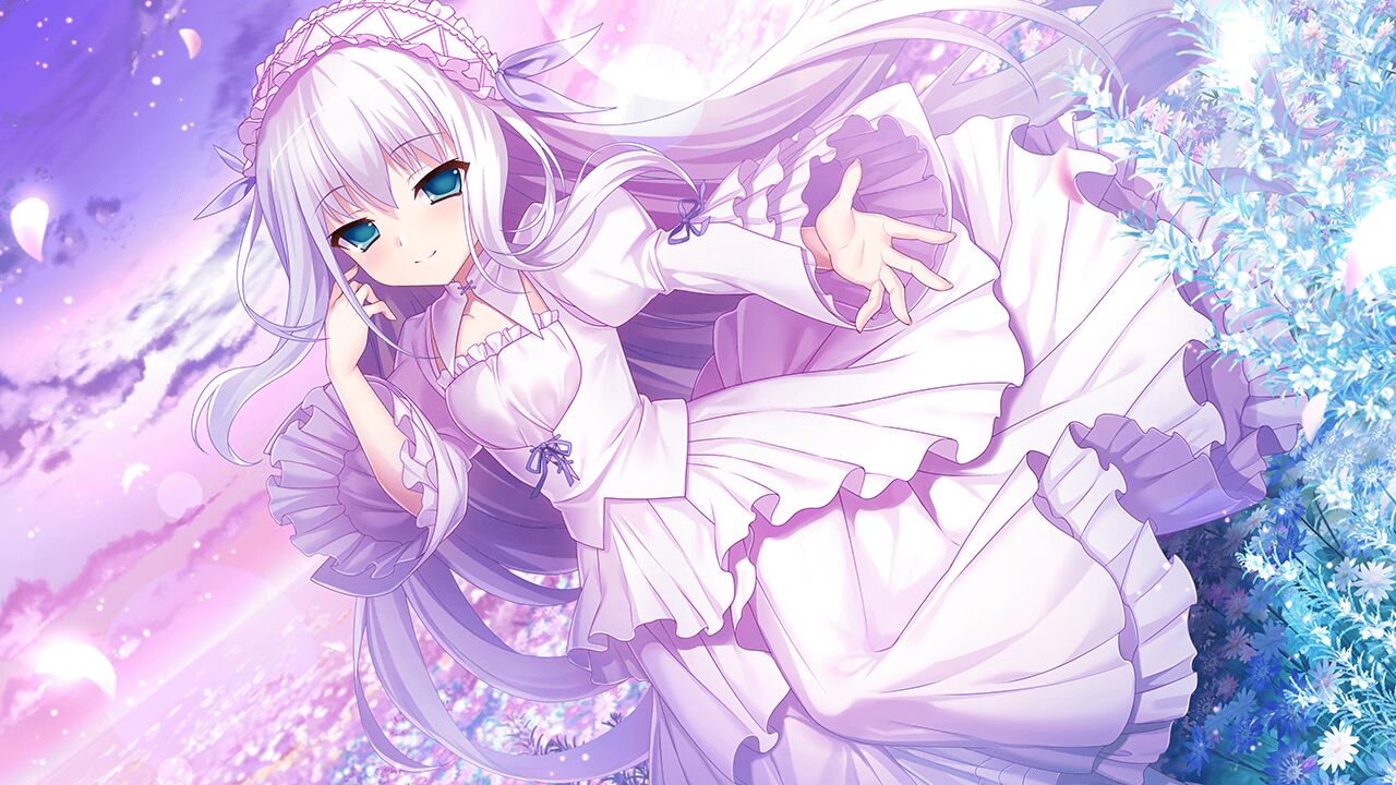 11eyes 1girl artist_request bangs blue_eyes breasts closed_mouth deep_one_kyomu_to_mugen_no_fragment dress falling_petals field flower flower_field frilled_dress frilled_hairband frills game_cg hairband lisette_vertorre long_dress long_hair long_sleeves looking_at_viewer outstretched_arm petals puffy_sleeves purple_ribbon ribbon small_breasts smile solo white_dress white_hair white_hairband