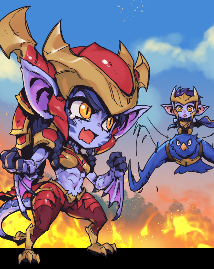 2girls alternate_ears alternate_form alternate_height angry animal armor bangs bird black_hair breasts brown_pants cape claws colored_skin dragon_tail dragon_wings eagle full_body hair_ornament helmet league_of_legends monochrome multiple_girls navel open_mouth pants phantom_ix_row pointy_ears purple_skin quinn_(league_of_legends) red_armor riding shiny shiny_hair shyvana slit_pupils small_breasts standing tail valor_(league_of_legends) wings yordle