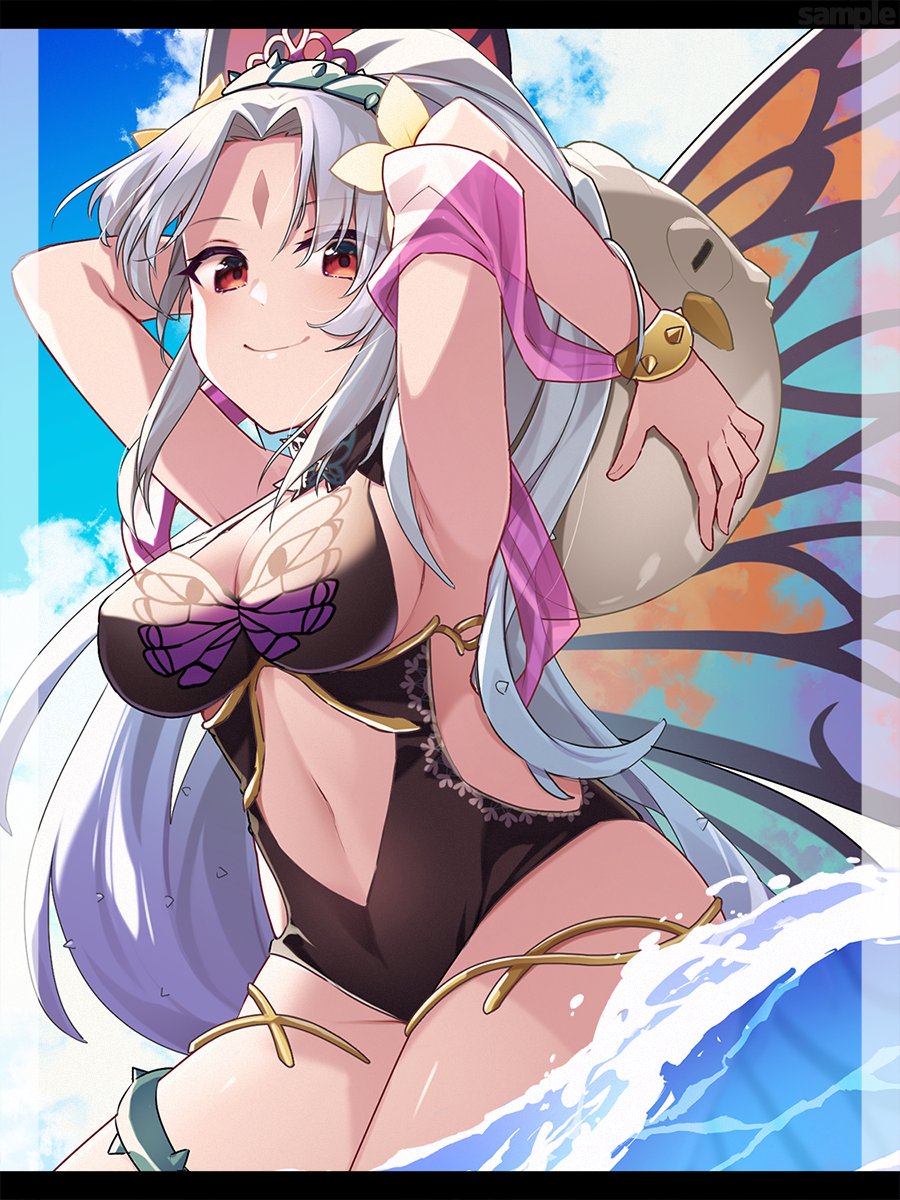 ball beachball breasts brown_swimsuit commission feh_(fire_emblem_heroes) fire_emblem fire_emblem_heroes green_hairband hairband highres kishiro_azuhito large_breasts looking_at_viewer one-piece_swimsuit plant plumeria_(fire_emblem) ponytail red_eyes skeb_commission solo swimsuit upper_body vines water white_hair