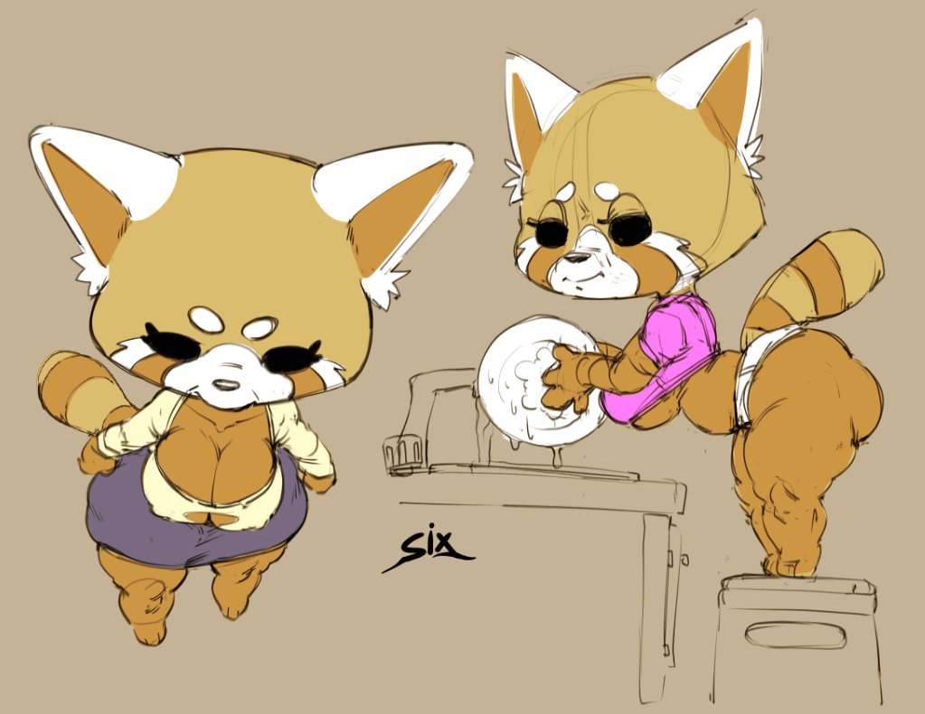 aggressive_retsuko ailurid anthro bent_over big_breasts big_butt black_eyes bottomwear breasts brown_body butt cleavage clothed clothing female looking_at_viewer mammal panties plate red_panda retsuko's_mother sanrio shirt sixsidesofmyhead skirt slightly_chubby smile solo thick_thighs topwear underwear washing_dishes