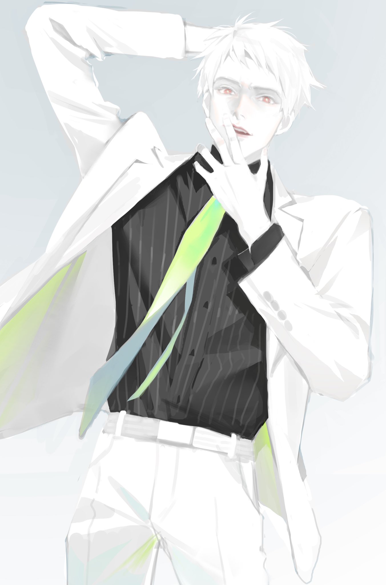 1boy albino alternate_costume arm_behind_head axis_powers_hetalia belt black_shirt blazer collared_shirt covering_mouth gradient_necktie green_necktie grey_background hand_over_own_mouth highres huacai jacket male_focus necktie open_mouth pale_skin pants prussia_(hetalia) red_eyes shirt short_hair simple_background smile white_hair white_pants