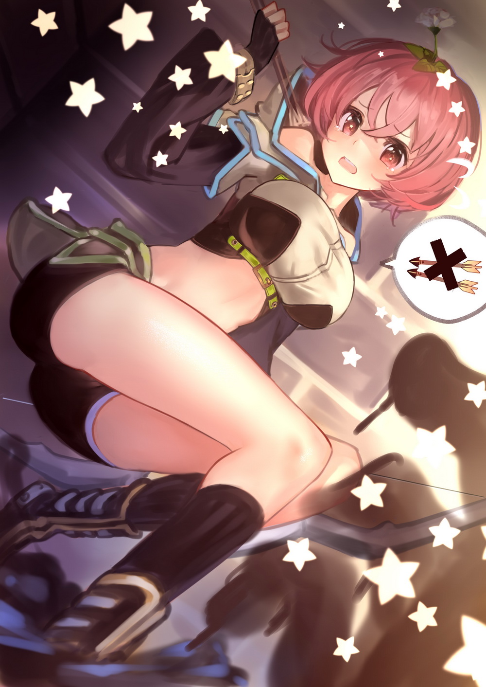 1girl arm_up arrow_(projectile) bangs black_footwear black_gloves black_shorts boots breasts character_request commentary_request fingerless_gloves flower flower_on_head gloves hair_between_eyes highres holding holding_arrow layered_sleeves long_sleeves looking_at_viewer medium_breasts okishiji_en open_mouth pink_hair puffy_long_sleeves puffy_sleeves ragnarok_online red_eyes short_over_long_sleeves short_shorts short_sleeves shorts socks solo star_(symbol) white_flower