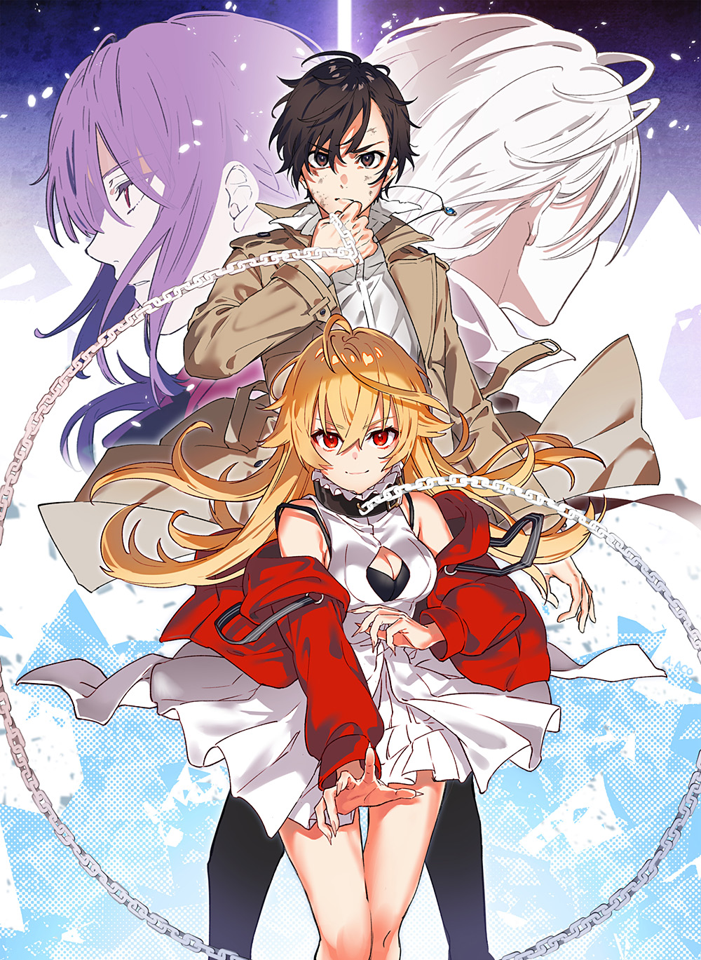1boy 1girl 2others ambiguous_gender arisaka_ako bangs bestia blonde_hair brown_coat brown_eyes brown_hair chain cleavage_cutout clothing_cutout coat collared_shirt dress hair_between_eyes highres jacket jewelry long_hair long_sleeves looking_at_viewer multiple_others necklace off_shoulder official_art open_clothes open_jacket purple_hair red_eyes red_jacket shirt short_dress sleeveless sleeveless_dress white_dress white_hair white_shirt