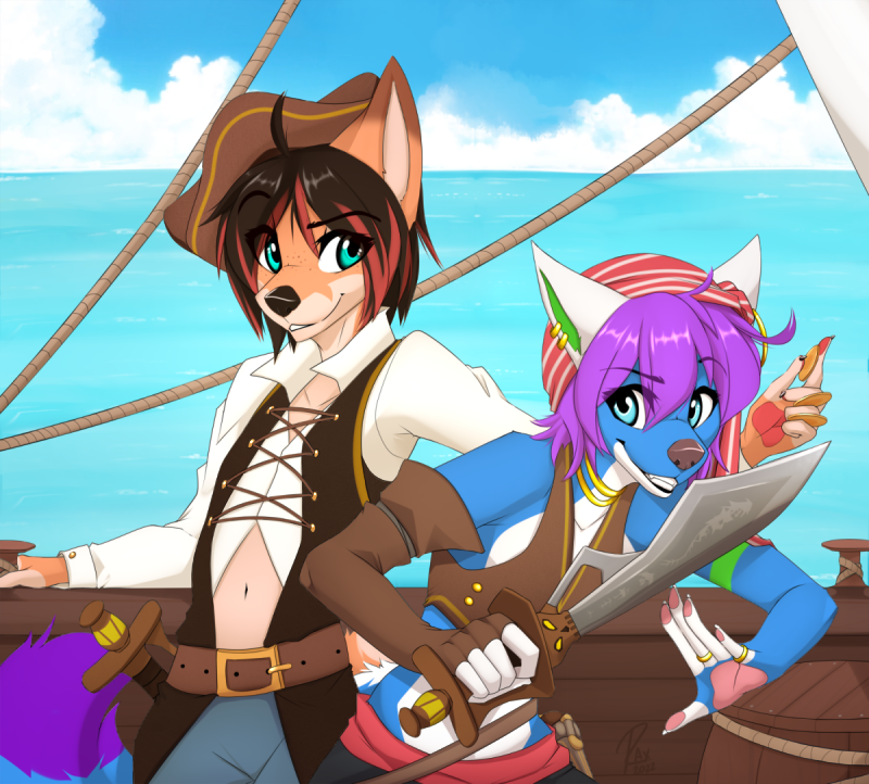 2022 5_fingers anthro black_hair blue_eyes canid canine canis clothed clothing day detailed_background digital_media_(artwork) domestic_dog duo eyebrows eyelashes fingers hair holding_object holding_sword holding_weapon male mammal melee_weapon navel outside purple_hair sky smile standing sword weapon wolflady
