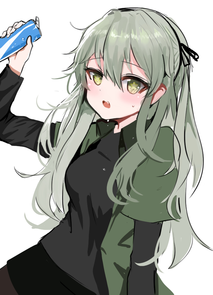 arm_up black_hairband black_shirt black_skirt breasts can dokomon girls'_frontline green_eyes green_hair green_jacket hairband holding holding_can jacket layered_sleeves long_hair long_sleeves looking_at_viewer medium_breasts one_side_up open_clothes open_jacket open_mouth pantyhose shirt short_over_long_sleeves short_sleeves simple_background skirt ump40_(girls'_frontline) very_long_hair white_background