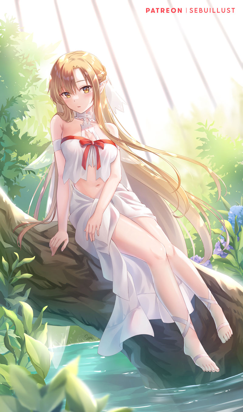 1girl arm_strap artist_name asuna_(sao) asymmetrical_bangs backlighting bangs bare_arms bare_shoulders barefoot blonde_hair blue_flower blush breasts brown_hair cleavage collarbone flower full_body halter_top halterneck highres hydrangea long_hair looking_at_viewer medium_breasts navel official_alternate_costume parted_lips plant pointy_ears purple_flower revealing_clothes sebu_illust signature sitting skirt skirt_set solo stomach sword_art_online titania_(sao) toes tree very_long_hair water white_skirt yellow_eyes