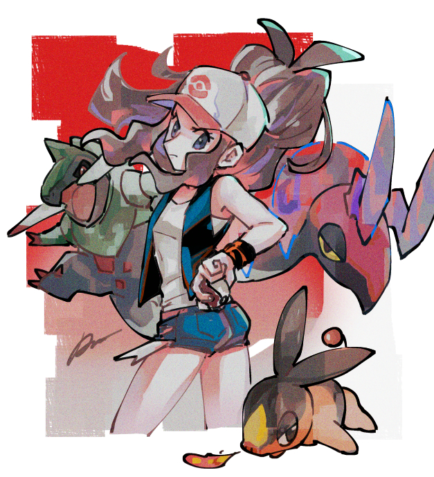 1girl baseball_cap black_vest blue_eyes brown_hair closed_mouth commentary_request denim denim_shorts eyelashes fraxure frown hat high_ponytail hilda_(pokemon) holding holding_poke_ball long_hair poke_ball poke_ball_(basic) pokemon pokemon_(creature) pokemon_(game) pokemon_bw sagemaru-br scolipede shirt short_shorts shorts sidelocks sleeveless sleeveless_shirt tepig vest white_shirt wristband