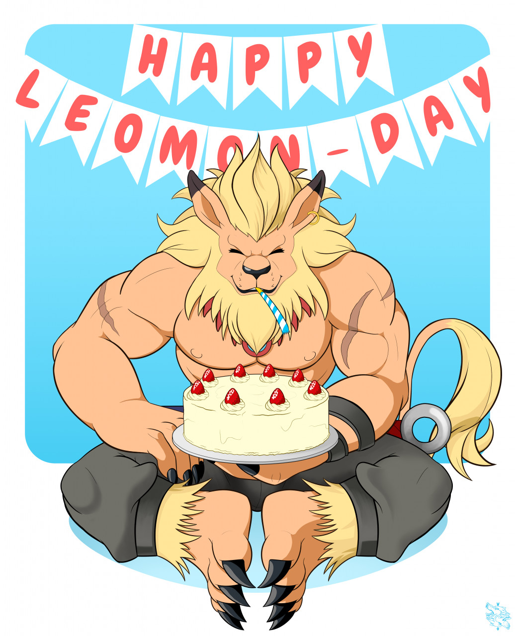 abs anthro bandai_namco cake dessert digimon digimon_(species) felid food hi_res kingxolotl leomon lion male mammal mane muscular muscular_anthro muscular_male nipples pantherine party_horn pecs shirtless solo