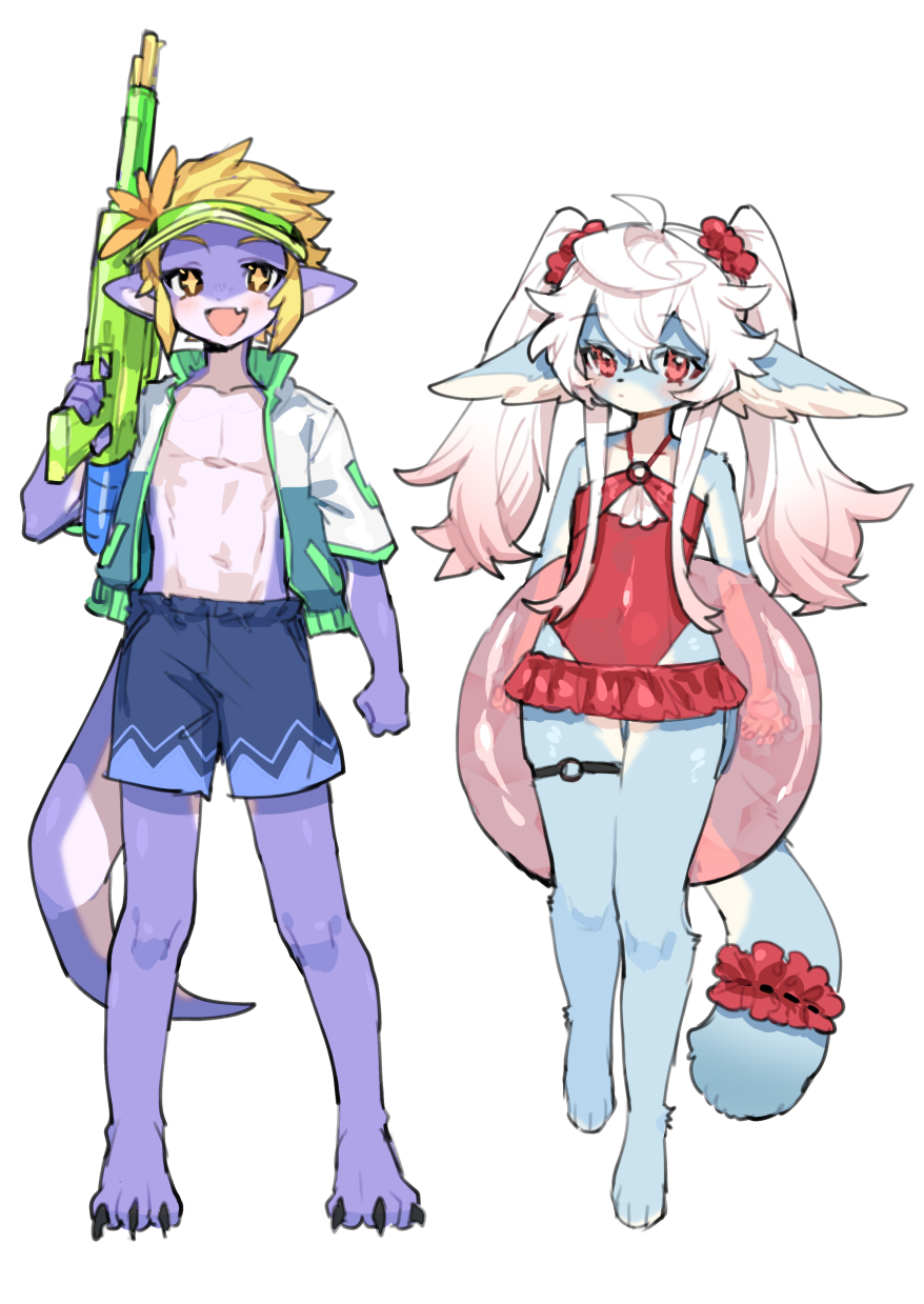 +_+ 1boy 1girl ahoge animal_ears animal_feet animal_hands animal_nose arm_at_side bangs bare_shoulders barefoot bikini_skirt blonde_hair blue_fur blue_male_swimwear blush body_fur brown_eyes claws clenched_hand closed_mouth collarbone colored_skin commentary_request covered_navel dot_mouth expressionless fang flat_chest full_body furry furry_female furry_male green_headwear green_jacket hair_between_eyes hair_ornament hair_scrunchie hand_up happy highres holding holding_innertube innertube jacket lizard_tail long_hair looking_at_viewer male_swimwear multicolored_skin navel no_shirt o-ring o-ring_swimsuit one-piece_swimsuit open_clothes open_jacket open_mouth original pawpads pectorals pocket purple_skin red_eyes red_scrunchie red_swimsuit reptile_boy scrunchie short_hair short_sleeves sidelocks sideways_mouth simple_background sketch skin_fang skindentation smile standing stomach straight-on super_soaker swim_trunks swimsuit tail tail_garter thigh_strap transparent twintails two-tone_fur two-tone_skin visor_cap white_background white_fur white_hair white_skin yadayada