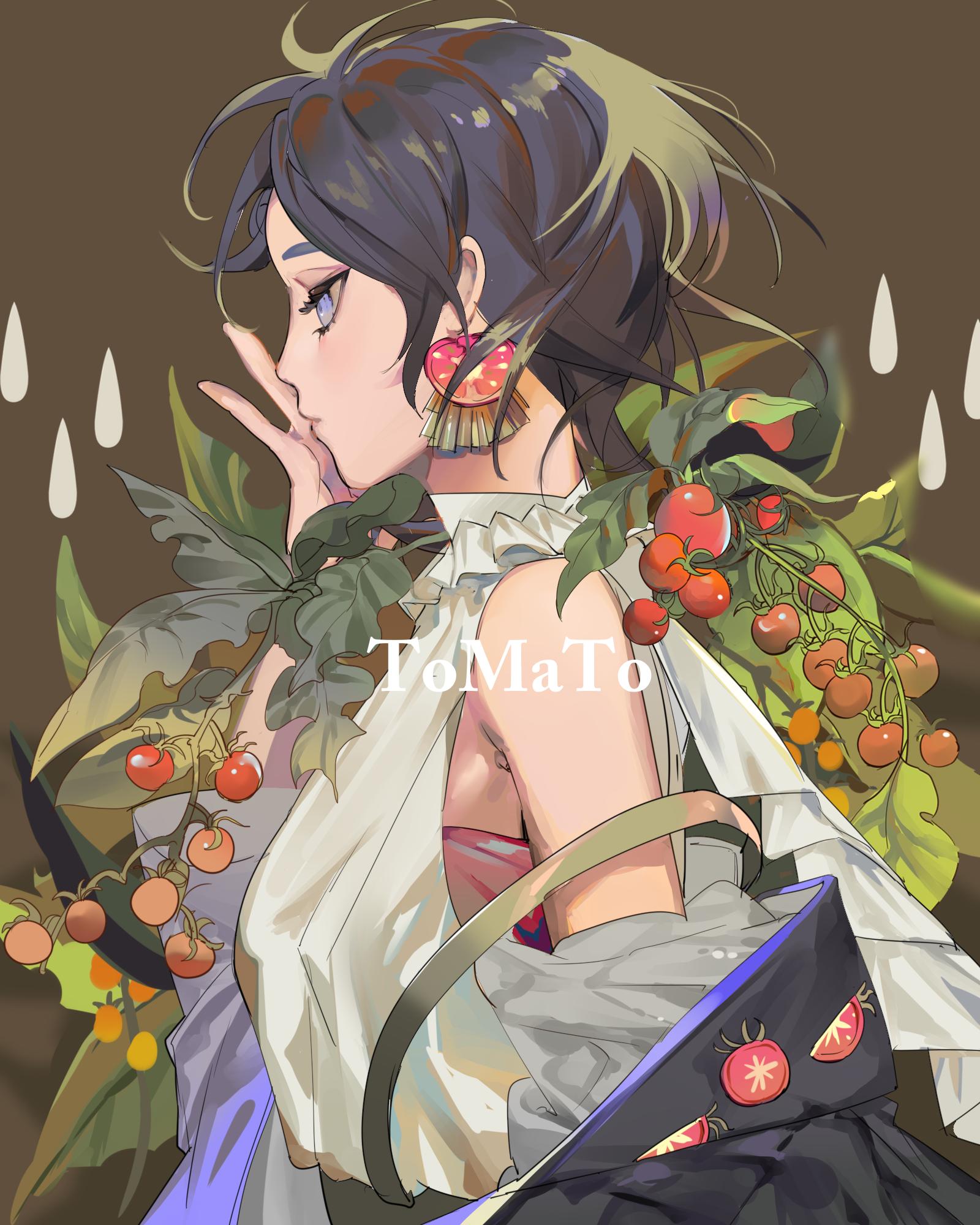 1girl badge bare_shoulders black_hair black_jacket blue_eyes bra bra_peek breasts brown_background button_badge commentary detached_sleeves earrings english_commentary english_text eyelashes frills hand_up highres jacket jewelry looking_away off_shoulder original plant profile raindrop_print rainfox short_hair solo tomato tomato_earrings tomato_slice underwear upper_body vines