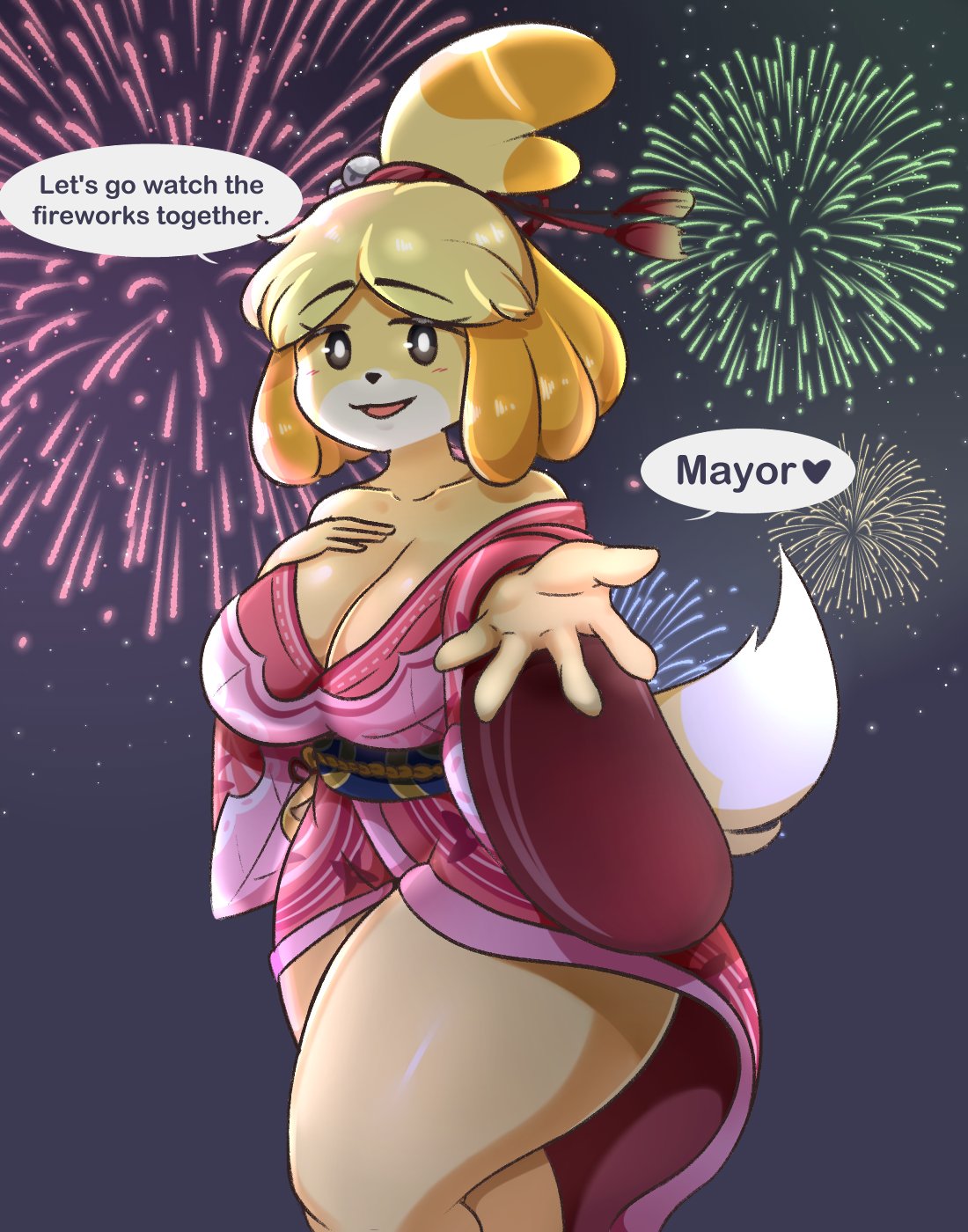 &lt;3 5_fingers accessory animal_crossing anthro asian_clothing big_breasts breasts canid canine canis cleavage clothed clothing digital_media_(artwork) domestic_dog east_asian_clothing english_text female fingers fireworks fur hair hair_accessory hair_bell hair_ribbon hand_on_breast hi_res isabelle_(animal_crossing) japanese_clothing kimono looking_at_viewer mammal night nintendo open_mouth outside reaching_out reaching_towards_viewer ribbons shih_tzu smile solo speech_bubble startop text thick_thighs tongue toy_dog video_games yellow_body yellow_fur