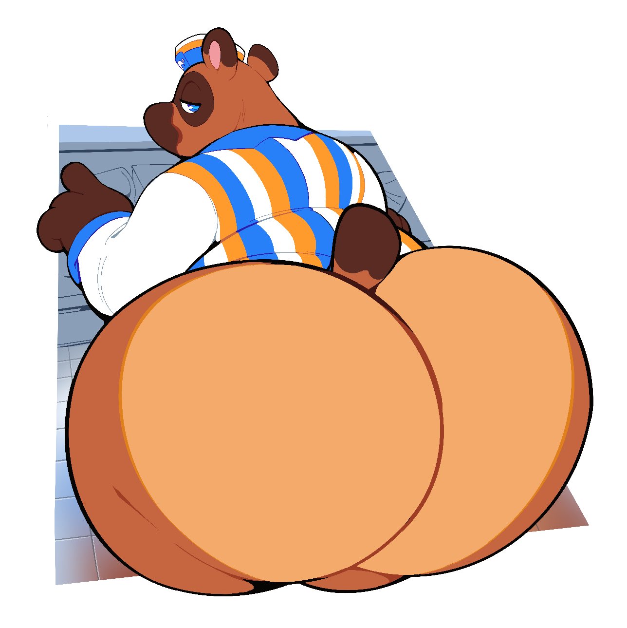 animal_crossing anthro big_butt blue_eyes bodily_fluids boot_(artist) bootfromtv bottomless bottomless_male brown_body brown_fur butt canid canine clothed clothing fur hat headgear headwear hi_res male mammal nintendo overweight raccoon_dog simple_background solo sweat tanuki tom_nook_(animal_crossing) topwear video_games