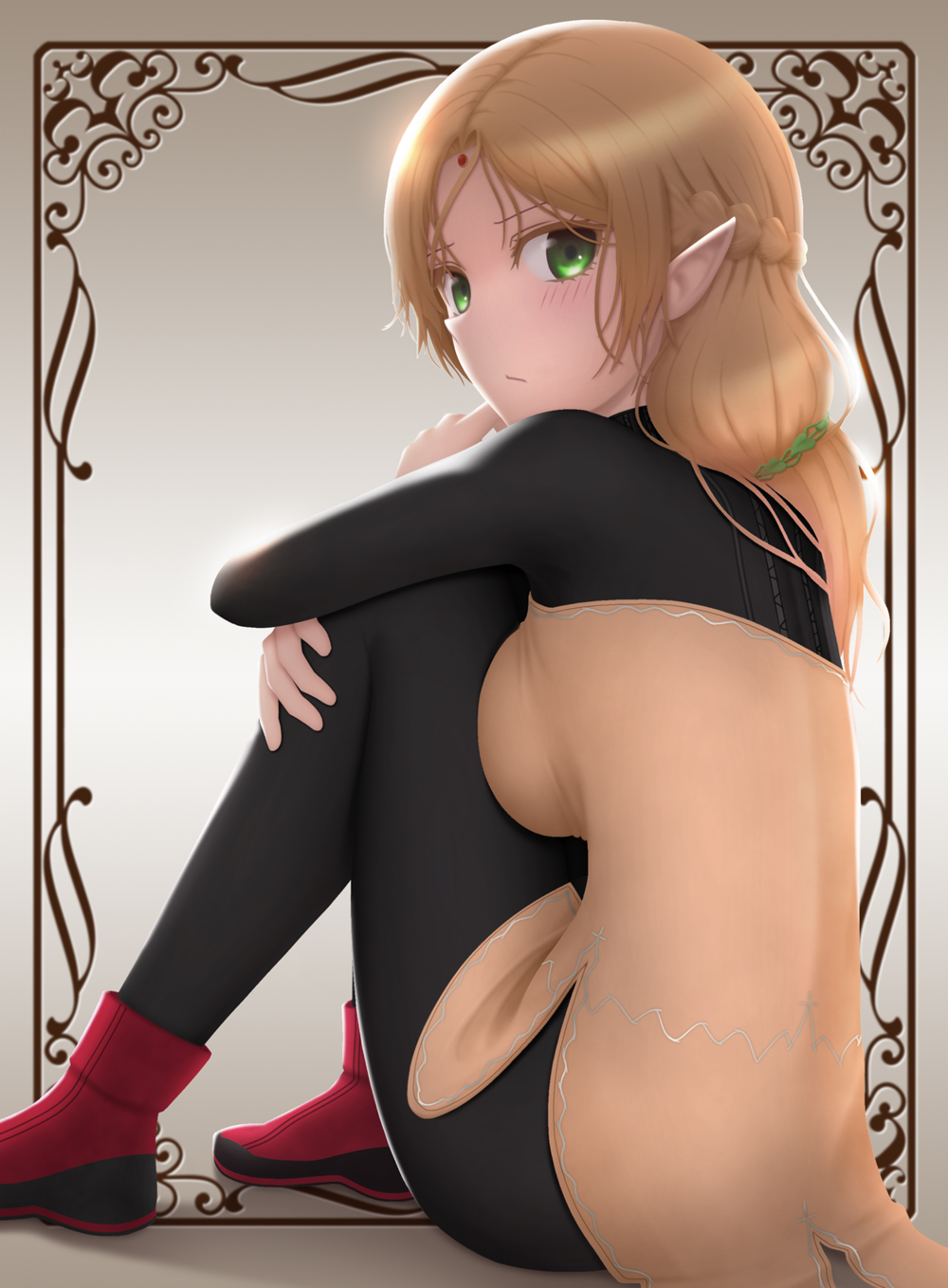1girl :/ blonde_hair braid breasts clothing_request commentary crown_braid elf facial_mark forehead_mark from_behind green_eyes highres hugging_own_legs isekai_ojisan large_breasts light_blush long_hair looking_at_viewer looking_back pointy_ears siraha sitting solo sui_(isekai_ojisan)