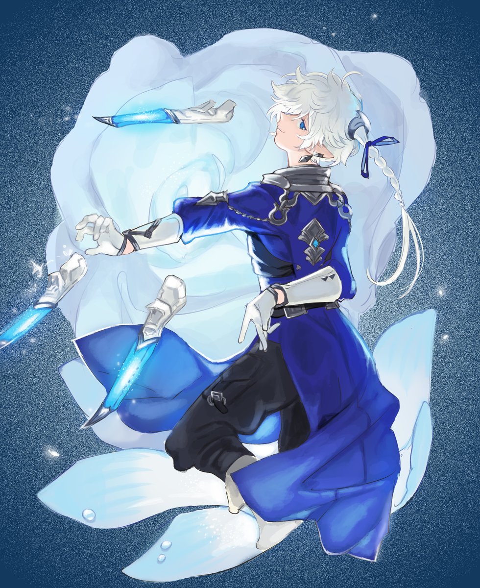 1boy alphinaud_leveilleur blue_flower blue_rose braid braided_ponytail elezen elf final_fantasy final_fantasy_xiv floating floating_object floating_weapon flower gloves goldfishu hair_ribbon head_back highres looking_at_viewer looking_back pointy_ears ribbon rose smile solo white_gloves white_hair
