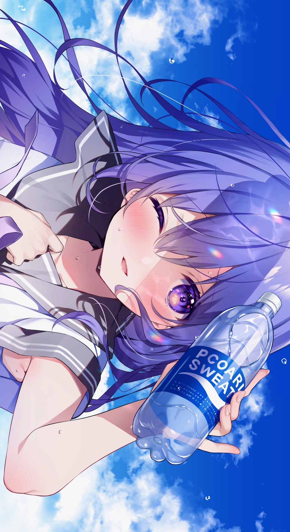 1girl arm_up armpits bangs blue_hair blue_sky blush bottle clenched_hand cloud cloudy_sky colored_lights commentary_request cup grey_sailor_collar highres hisagi_(puchimaple) holding holding_cup long_hair looking_at_viewer nail one_eye_closed open_mouth original purple_eyes sailor sailor_collar school_uniform shirt sideways sky smile solo sweatdrop upper_body water_bottle water_drop white_shirt
