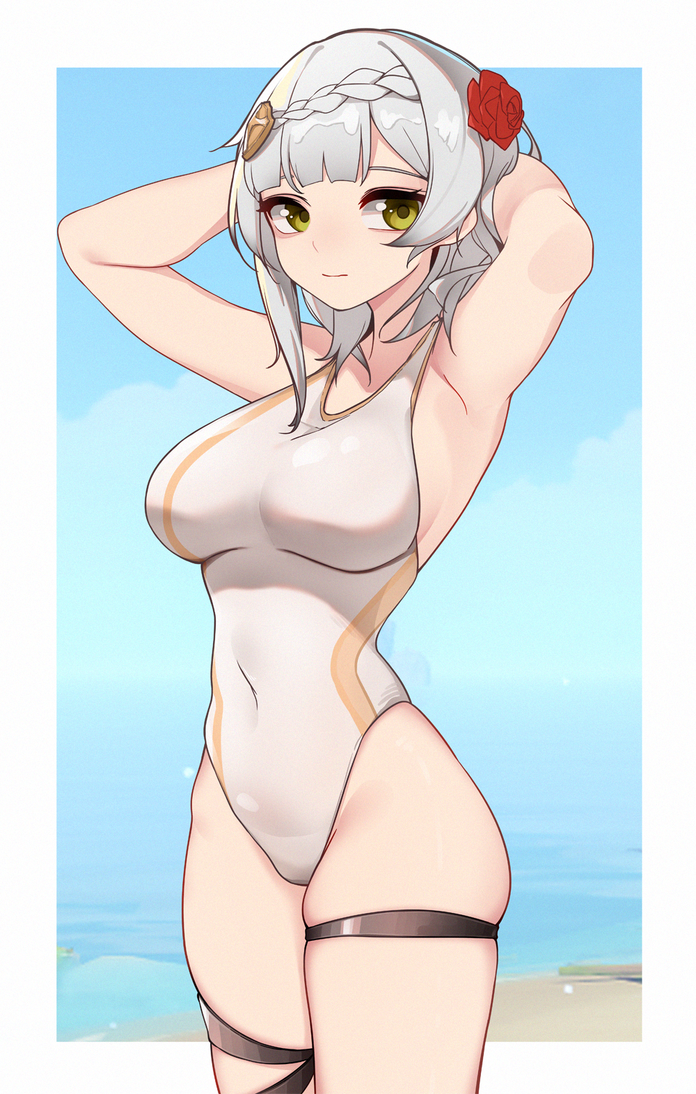 1girl armpits arms_behind_head arms_up bangs bare_arms bare_shoulders blue_sky braid breasts cloud commentary_request covered_navel day eyebrows_hidden_by_hair flower genshin_impact green_eyes grey_hair hair_flower hair_ornament highres inniyik large_breasts noelle_(genshin_impact) ocean one-piece_swimsuit red_flower red_rose rose skindentation sky solo standing swimsuit water white_swimsuit