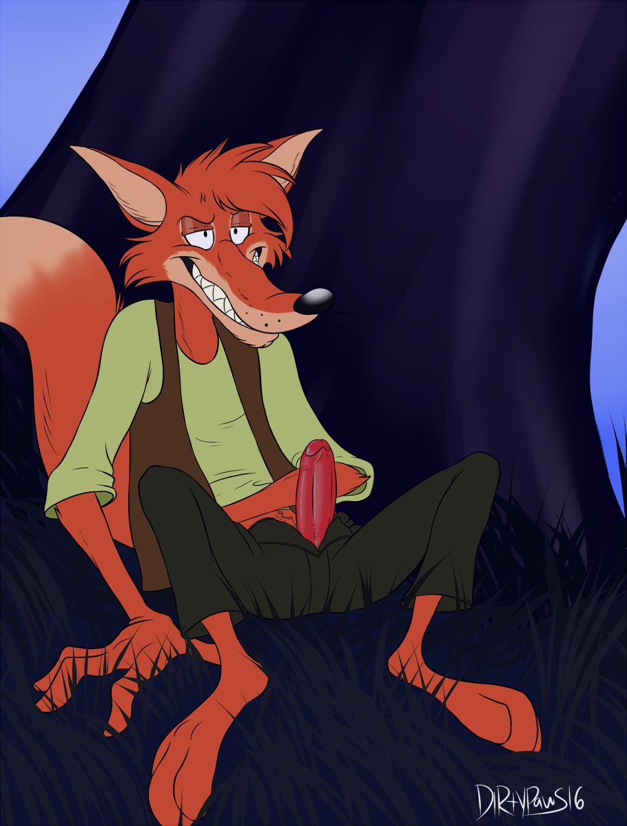 anthro bottomwear br'er_fox canid canine clothed clothing erection fox foxmusk fur genitals grass hi_res male mammal open_bottomwear open_clothing open_pants orange_body orange_fur pants penis plant sharp_teeth shirt signature sitting smile solo song_of_the_south tagme teeth topwear tree