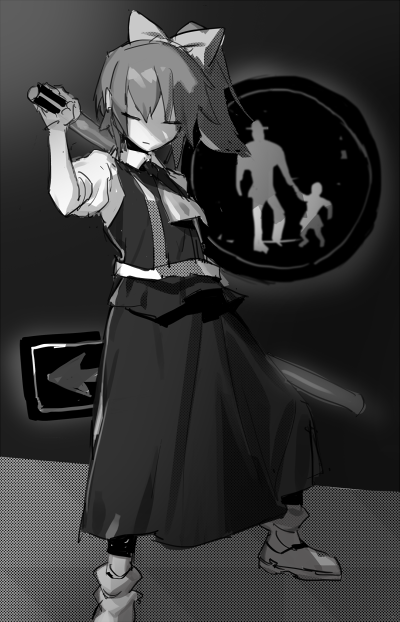 1girl boots bow closed_eyes closed_mouth collared_shirt commentary_request cookie_(touhou) daiyousei diyusi_(cookie) expressionless full_body gloves greyscale hair_bow high-visibility_vest high_ponytail kebabu_01 medium_bangs monochrome offside:_diyusi one_way_sign pedestrians_only_sign puffy_short_sleeves puffy_sleeves road_sign shirt short_hair short_sleeves sign skirt socks solo standing touhou traffic_baton vest
