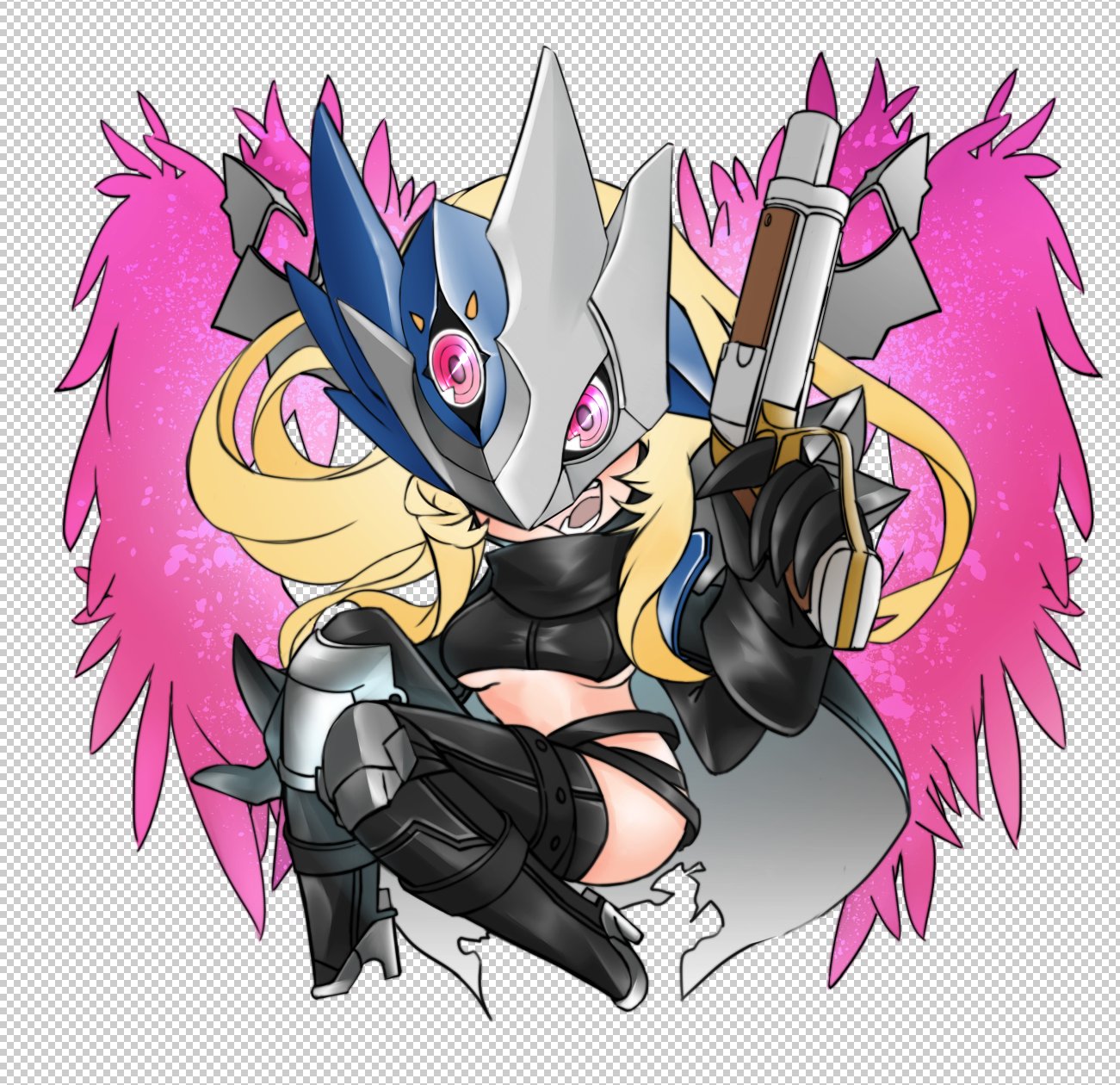 1girl ankle_gun asymmetrical_clothes beelstarmon_x belt black_belt black_cape black_footwear black_gloves black_jacket black_mask blonde_hair boots breasts cape chibi closed_mouth commentary_request cropped_jacket digimon digimon_(creature) eye_mask fake_transparency full_body gloves gun high_heel_boots high_heels highres holding holding_gun holding_weapon jacket jiyuuya knee_pads leather leather_jacket leather_pants long_hair long_sleeves looking_at_viewer mask medium_breasts pants pink_eyes revealing_clothes sidelocks single_pantsleg single_thigh_boot solo stomach teeth thigh_boots third_eye torn_cape torn_clothes underboob weapon wings